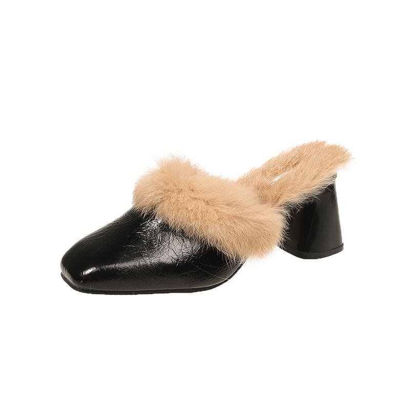 Fashion Women's New Winter Baotou Slippers Fashion Square Head Deep Mouth Anti-slip Wear Coarse Cotton Drag