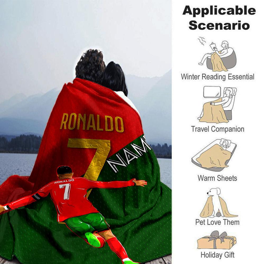 Ronaldo Football Player Sports Jersey Red Green Background Four Seasons Blanket Customized With Your Name Lightweight And Warm Perfect Gift For Home