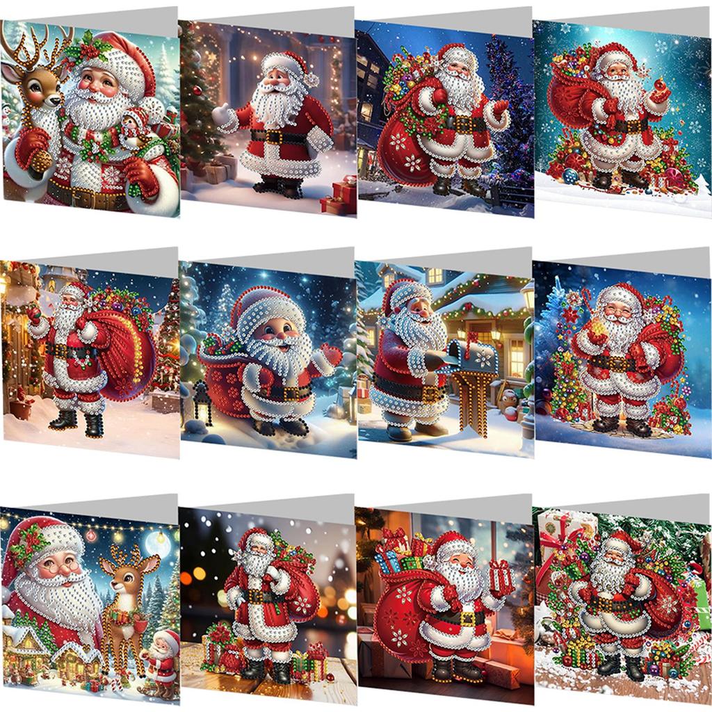 4-12PCS 5D Rhinestone Arts Greetings Birthday Card Handmade Diamond Painting Christmas Festival Card Thank You Card For Family A