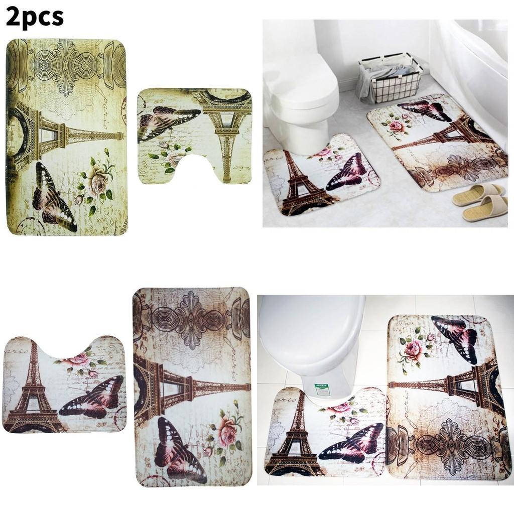 Butterfly Tower Bath Mat Set Polyester Non Slip Absorbent Rug For Bathroom Decor