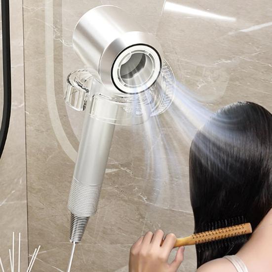 Stojak do przechowywania suszarki do włosów Montaż na przyssawkę Bez wiercenia Otwór w kształcie litery C Duża nośność Stojak na suszarkę do włosów Organizer łazienkowy