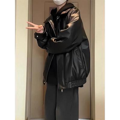 Men's High-End Black Leather Motorcycle Jacket, Perfect for Spring & Autumn, Handsome Loose-Fit Short Baseball Style.