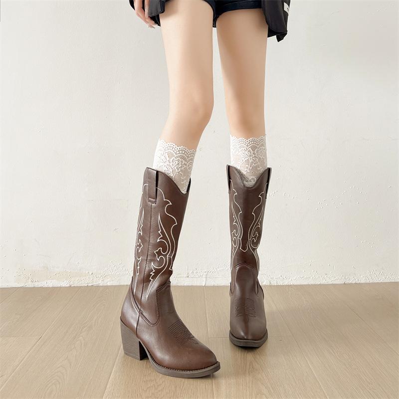 Brown retro embroidered pointed high-heeled western cowboy boots women's summer 2025 new versatile heightening knight boots