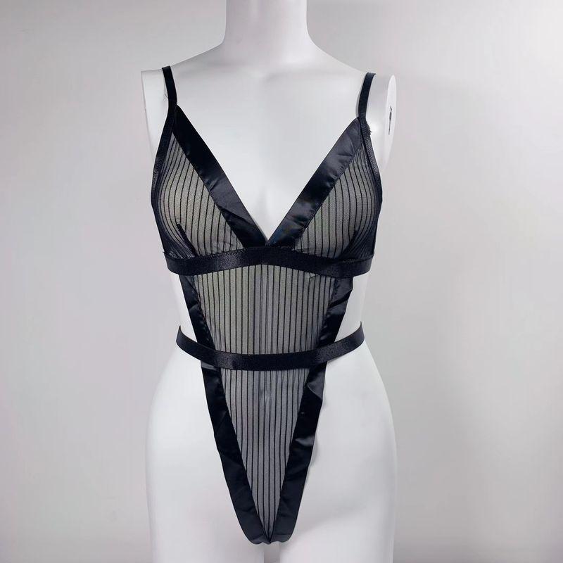 

Комбинезон-жилет со шнуровкой, с прозрачными полосками и строчкой Black (real with garter belt) L