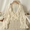 Cardigan in chiffon con scollo a V, lacci, camicia leggera, colore unito, bordo con volant, estivo, sottile, protezione solare, da indossare tutti i giorni