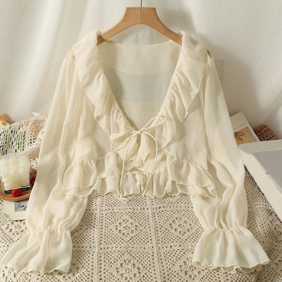 Cardigan in chiffon con scollo a V, lacci, camicia leggera, colore unito, bordo con volant, estivo, sottile, protezione solare, da indossare tutti i giorni