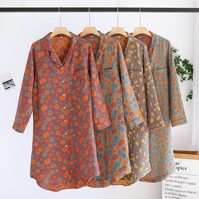 Neues Damennachthemd für Frühling und Sommer, 100 % Baumwolle, langärmeliges Blattblumenkleid, großes Heimkleid, Retro-Langarmkleid