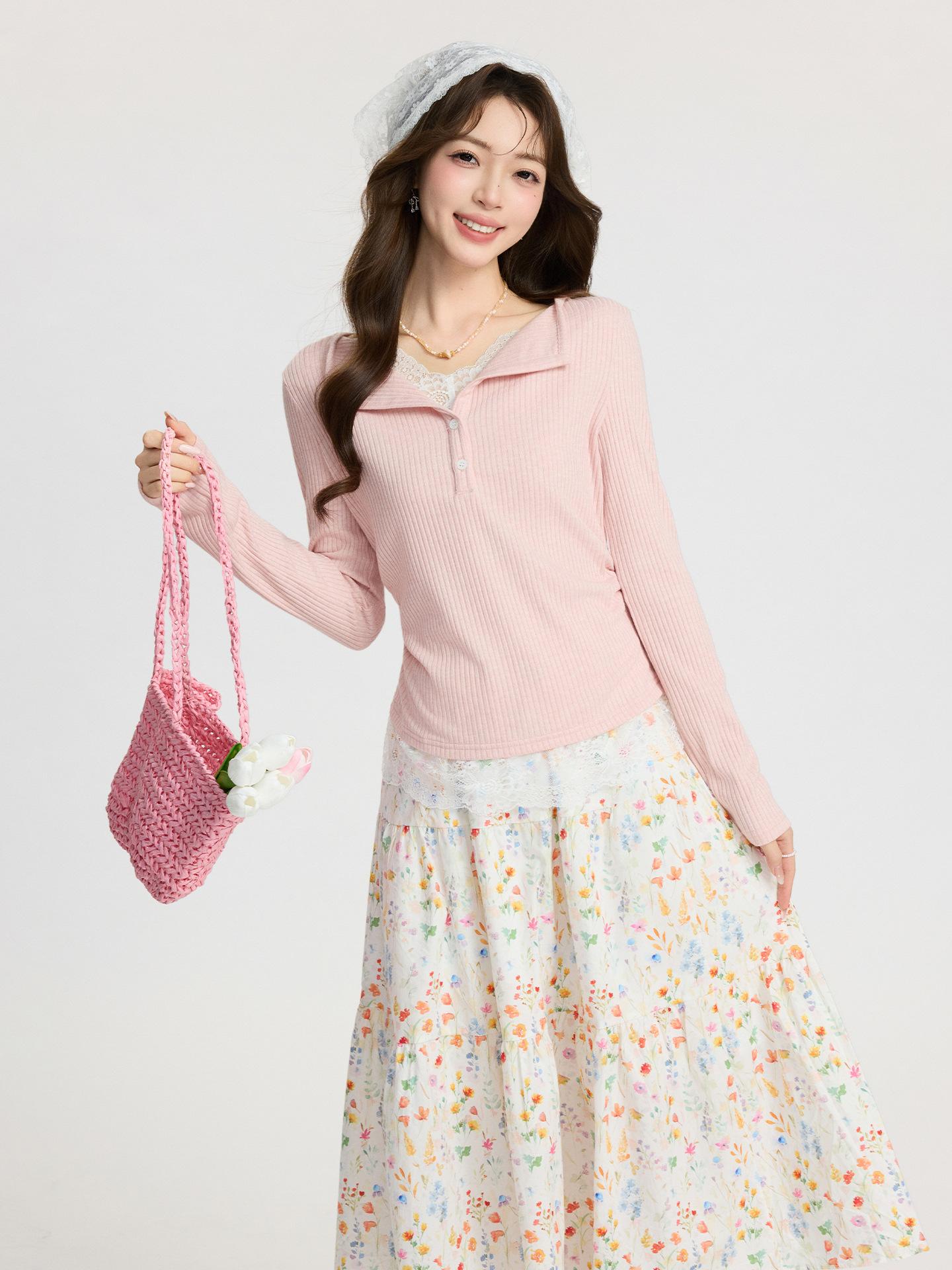 Pink lace splicing fake two-piece long-sleeved T-shirt women s spring design half-open neck sweet slim-fit S розовый