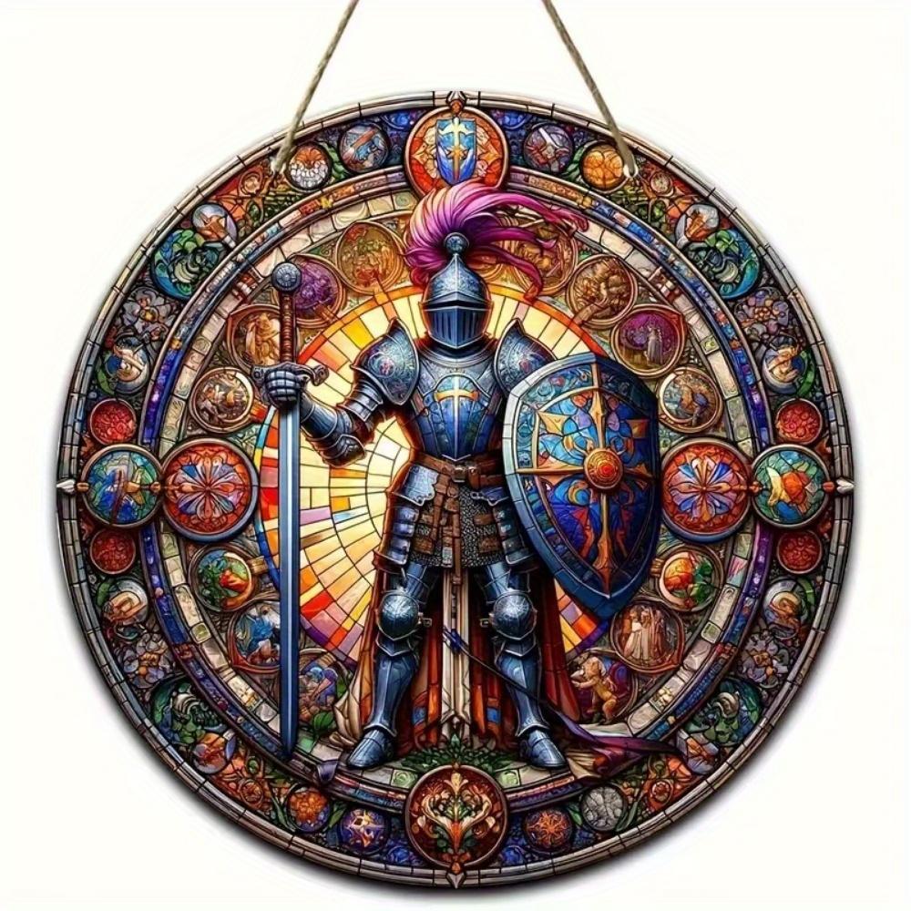 1 Stück 2D Flaches Vintage Mittelalterlicher Ritter Kunst Schild - 20cm Rund Holz, Bar Café Veranda Wohnzimmer Schlafzimmer Heimdeko, Rustikaler Stil Kreative Wanddeko
