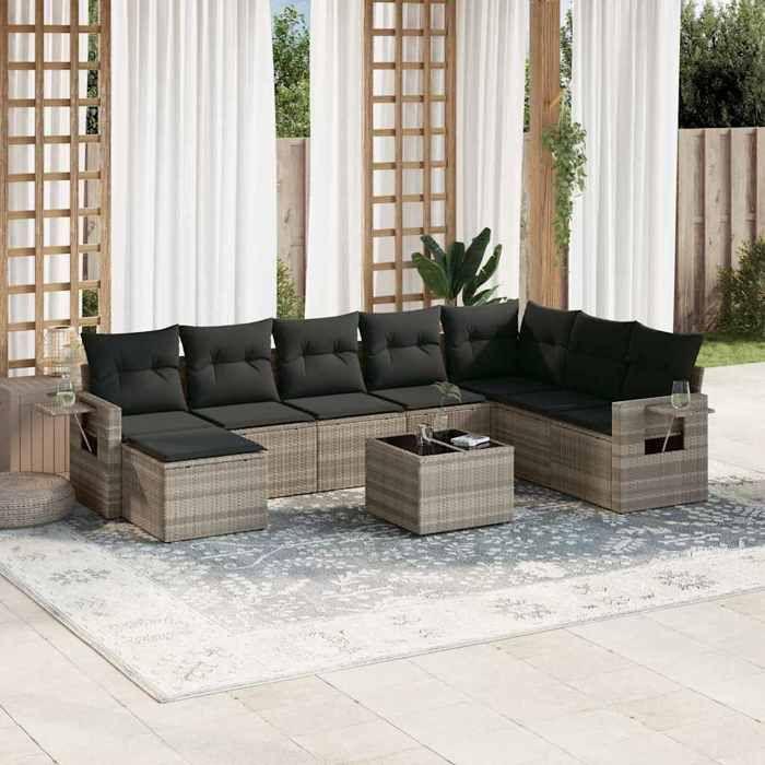 VidaXL Salon de Jardin avec Coussins 9 pcs, Canapés de Terrasse, Ensemble de Meubles de Patio, Mobilier d'Extérieur, Gris 3220571