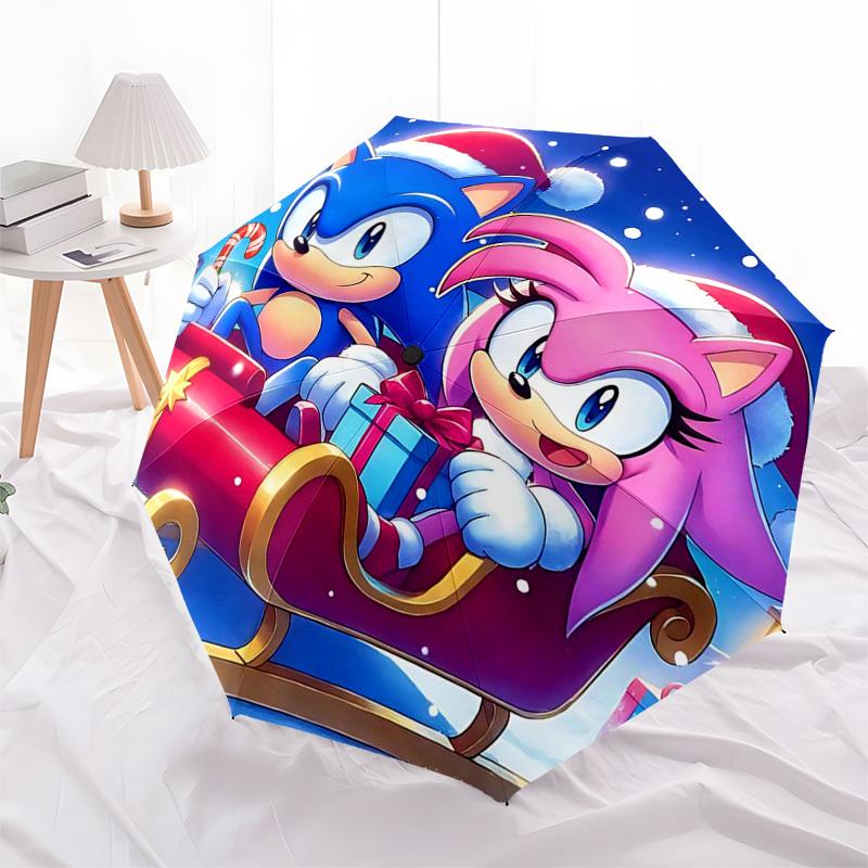 

1pc Sonic & Amy Christmas Edition Automatic Opening Closing Umbrella Portable 3-Fold Design, 8-Rib Iron Frame Outdoor Umbrella, Festive Gift for Fans,
