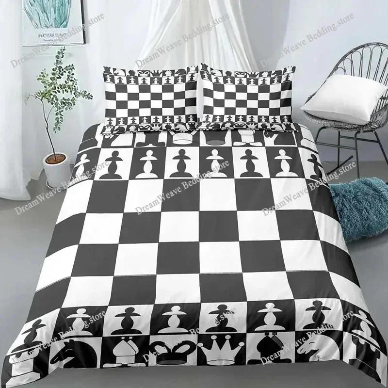 Chess Board Duvet Cover Set 3D Print International Chess Black White Comforter Cover for Boys Girls Polyester Bedding Set