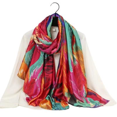 Fashion Printed Feather Shawl Imitation Silk Satin Scarf Women Lightweight Scarves Beach Travel Outdoor Sunscreen Hijab 180*90Cm