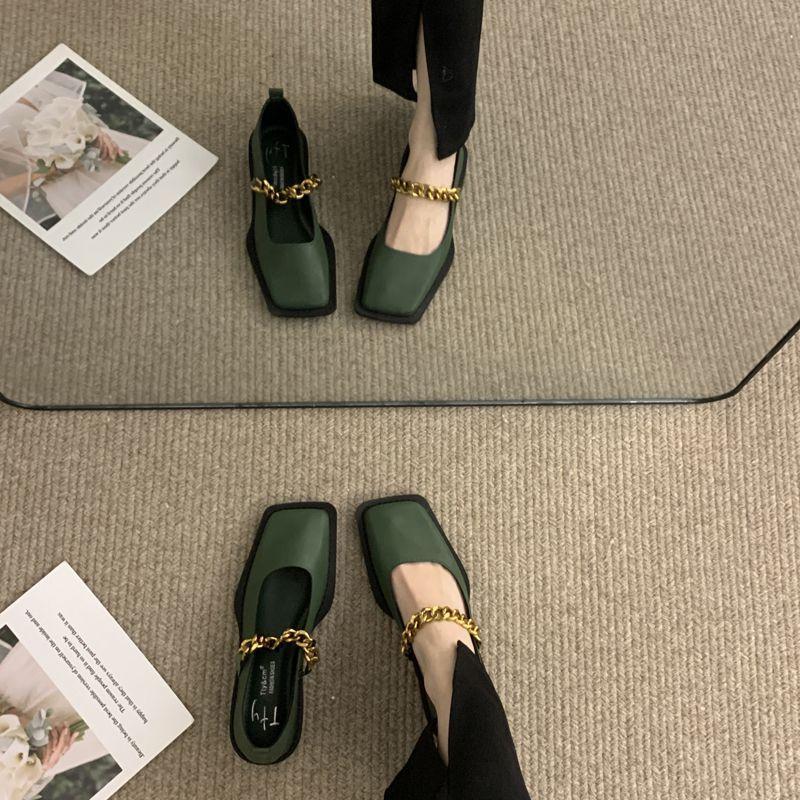 

Metal chain square head retro loafers single women s autumn 2025 new British versatile Mary Jane small leather shoes women 43 зелёный
