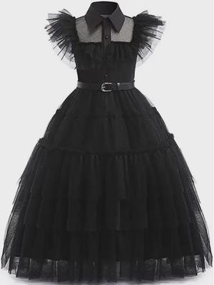 Fantasia Cosplay de Vestido Preto da Wednesday Addams para Halloween