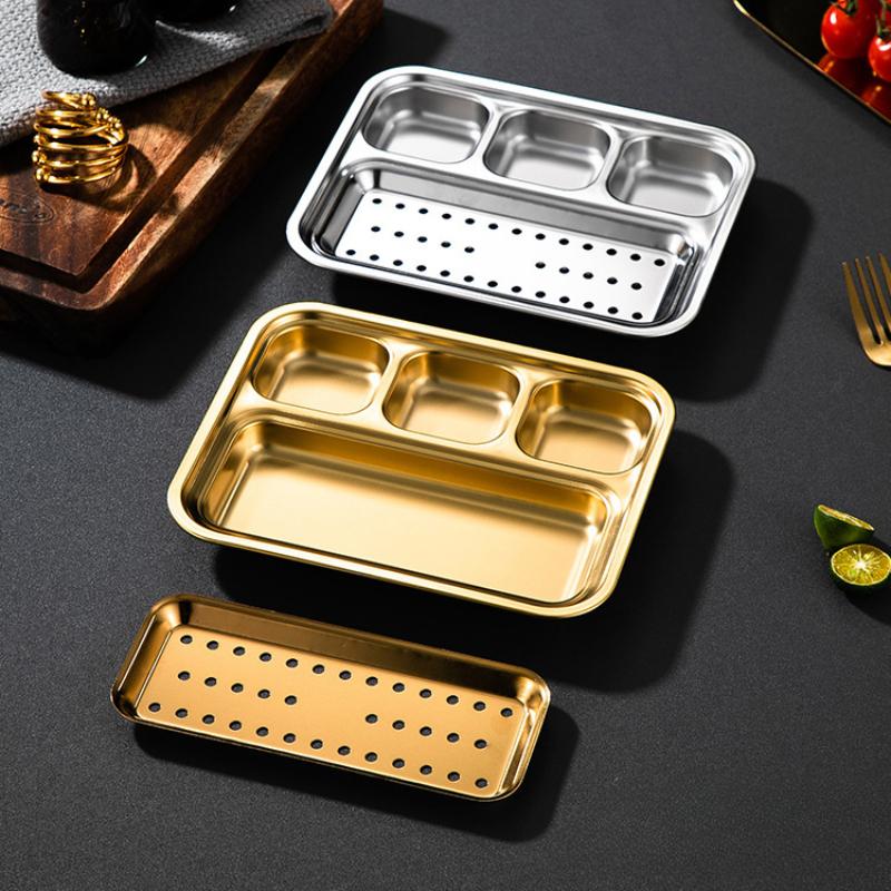 304 Korean Style Oiled Meal Plate Stainless Steel Grid Grilled Meat Plate with Dipping Sauce Plate