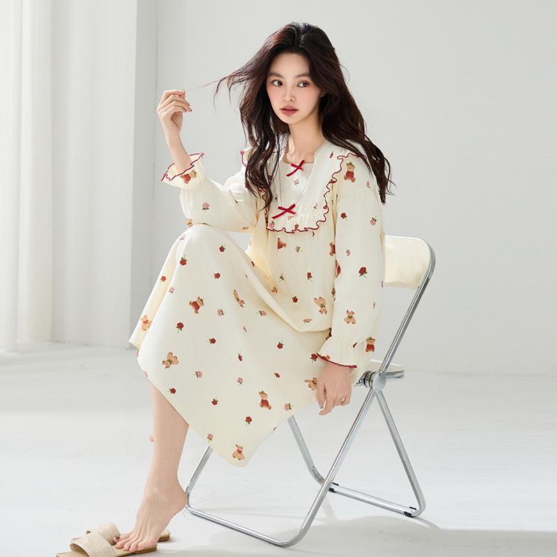 Nattlinne för gravida i koreansk stil för kvinnor, 100% ren bomull, antibakteriellt, långärmat - Lös passform för höst/vinter/vår