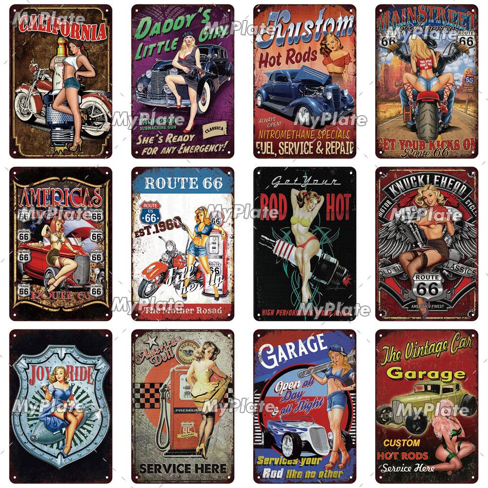 Motorcycle Garage Metal Sign Vintage Plaque Tin Sign Plate Wall Decor For Bar Man Cave Sign Pinup Girl Poster