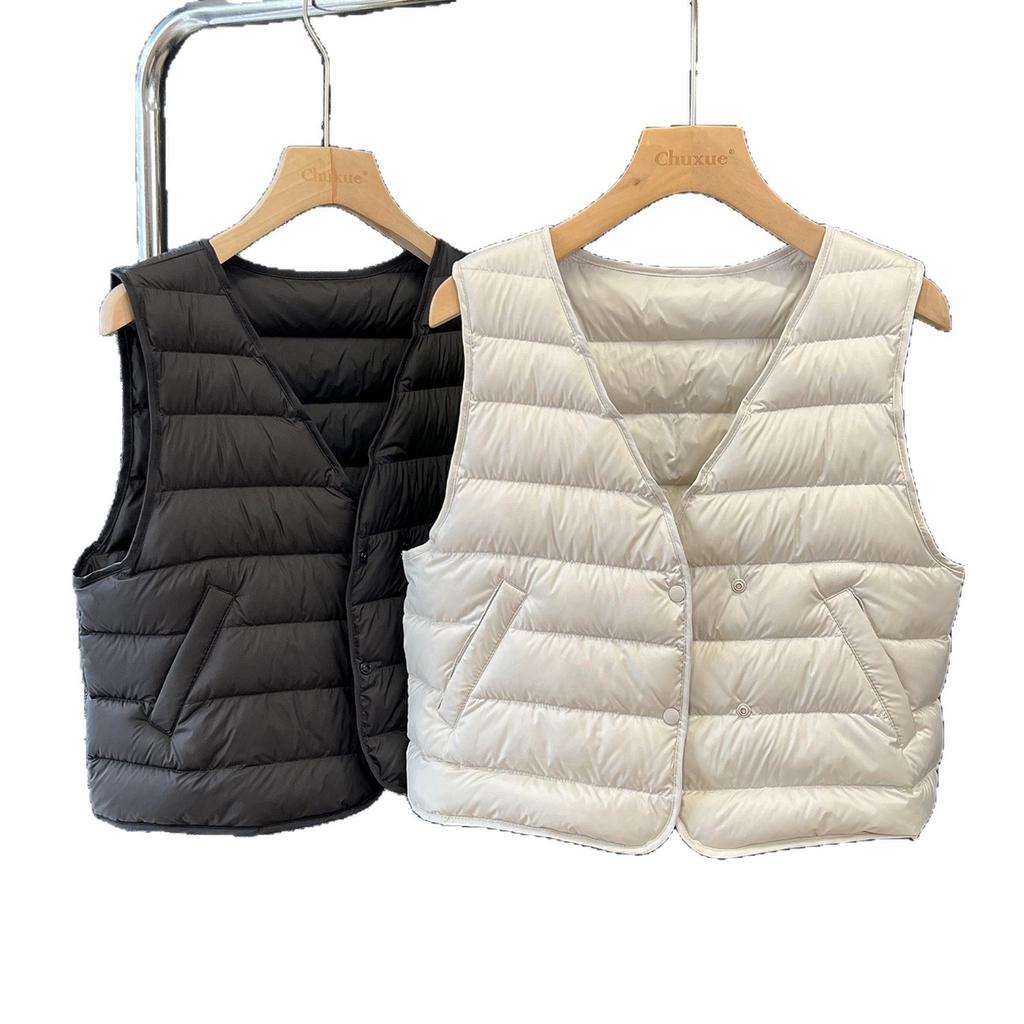 High-end light luxury% goose down~ women's bottom collarless down vest ultra-light V-neck coat with down vest
