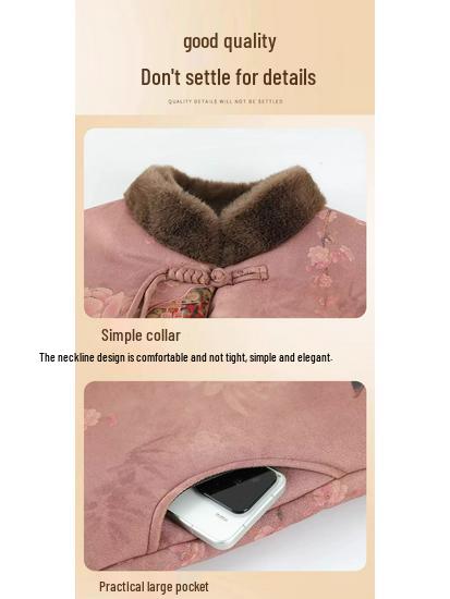 Plus Size Winter Stand Collar Chinese Style Velvet-Lined Cotton Jacket for Grandma