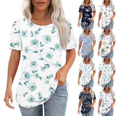 T-shirts för kvinnor plisserade rundhals klädsamma vardagsblusar tryck kortärmad sommartoppar lös passform