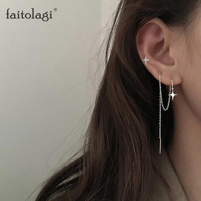 1 Set Einfache Glanz Stern Kreuz Stud Ohrring Lange Kette Quaste Ohrringe Für Frauen Geometrische Piercing Ohr Schmuck Party Mädchen geschenk