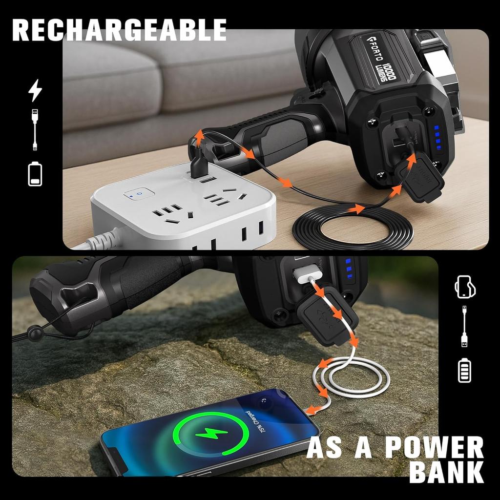 FORTO Compact Rechargeable 7 Light Child Carrying Emergency Power Gray Light, Powerful, Modes, Spot, Searchlight, Lock, Case, Supplies, Camping,