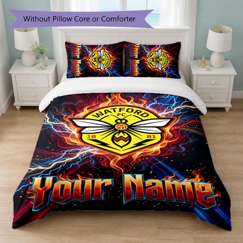 Watford FC Custom Name Text Bedding Set 1 Duvet Cover+2 Pillowcases Soccer Logo Personalized Gift For Special Occasion Bedroom Decor