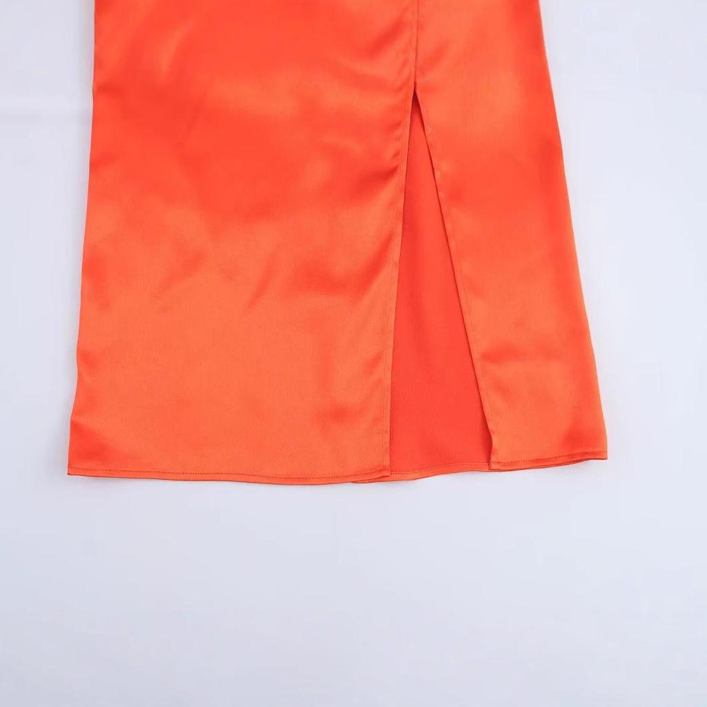 2025 Spring Women's European & American Style Pleated Satin Midi Dress with Decorative Buckle