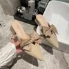 With Bow Low Heel Outside Shoes Khaki Women's Slippers and Ladies Sandals Pointed Toe Slides Mules Korea Style G Luxury H Sandal