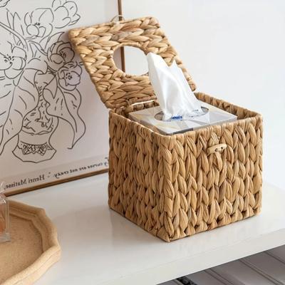 Natural Fiber Snap Closure Multi Scene Use Storage & Decor All In One Boho Style Woven Tissue Box with Lid