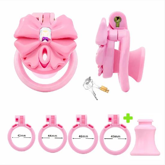 Pink Bow-Tie Flat Chastity Cage Positive/Negative Cock Cage Urethral Chastity Device SM Sex Toy Peins Plug ChastityBelt for Men