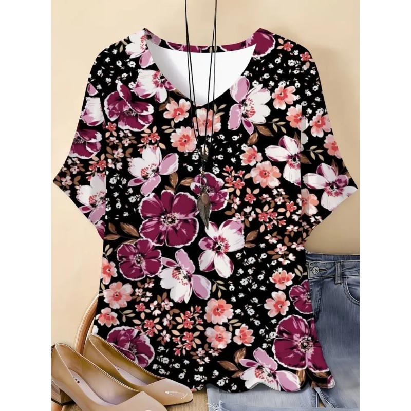 Camiseta de Manga Corta con Cuello Redondo y Estampado Floral 3D para Mujer