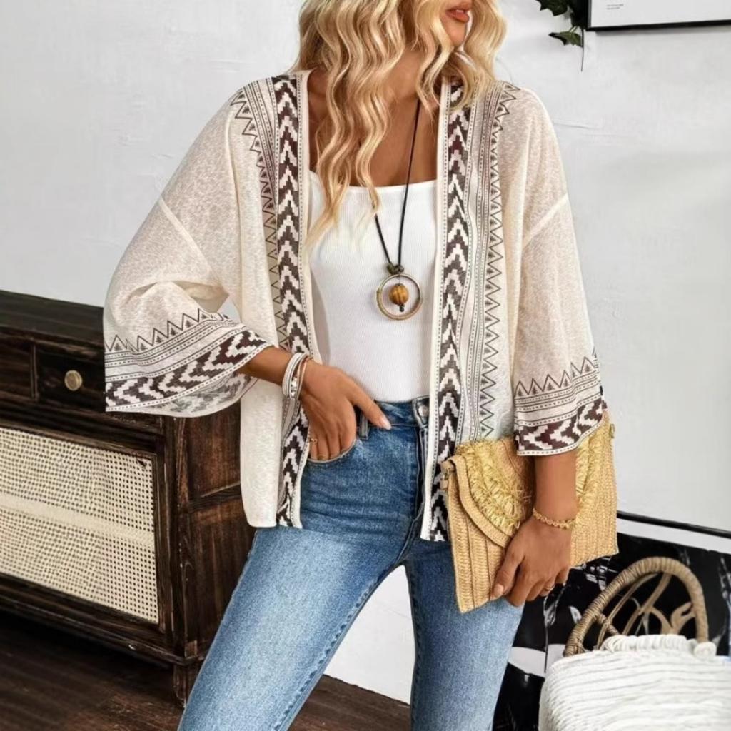 Women's Summer Thin Sunscreen Cardigan, Boho Printed Mid-Sleeve Loose Casual Top for European & American