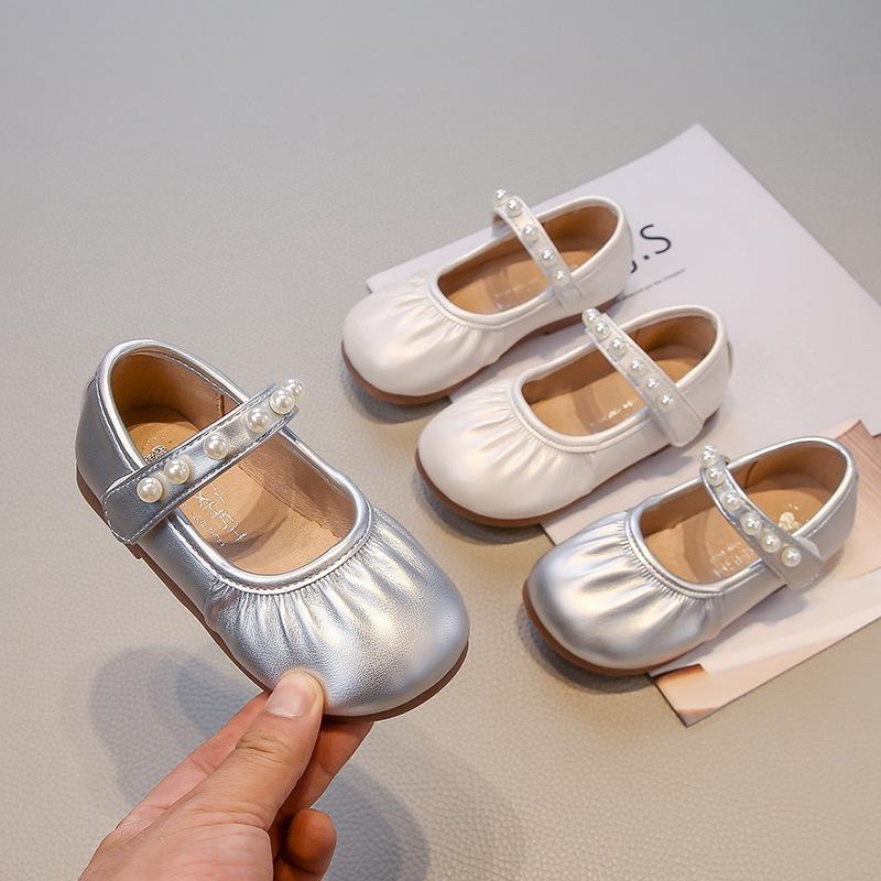 Kids Girls Solid Color Round Toe Pearl Velcro Mary Jane Princess Leather Flats