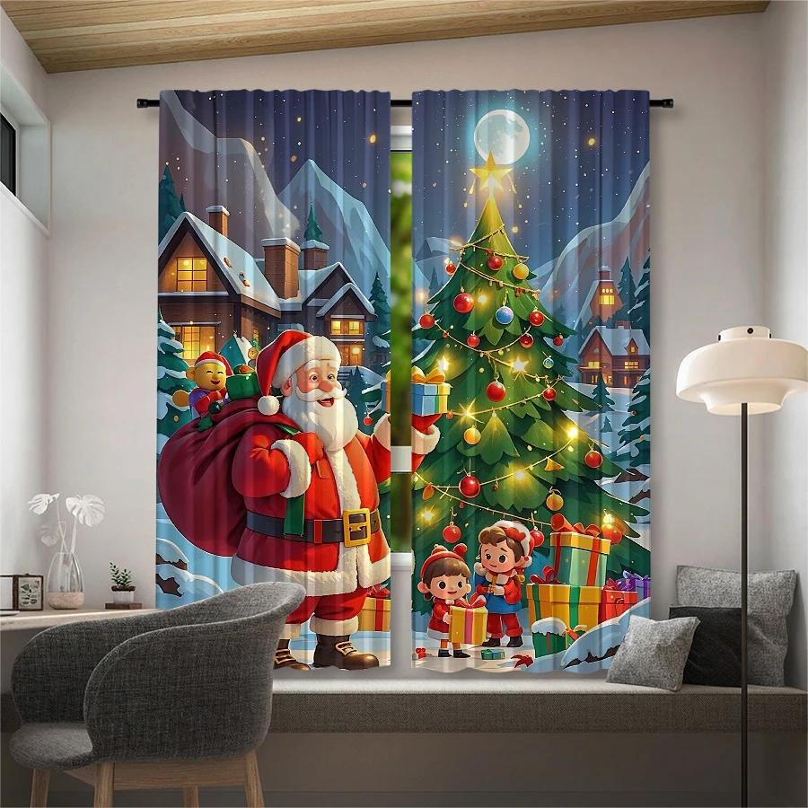 2PCS- Christmas Santa Claus Christmas tree pattern printed curtains   Christmas decorations   home decorations   room decorations
