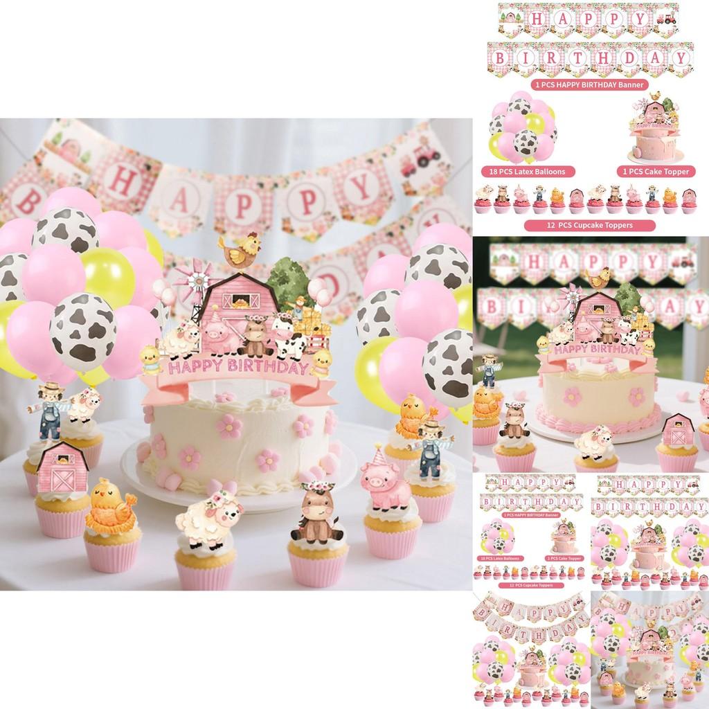Farm Animal Themed Party Decoration Kit With Banner And Cake Inserts For Birthday Events