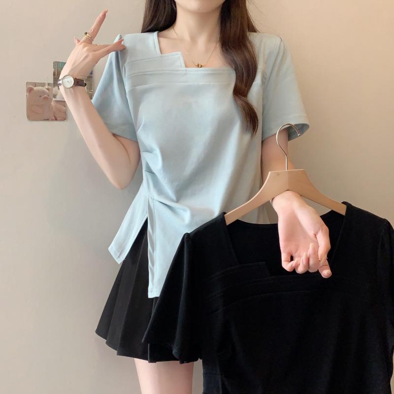 Plus Size Women s Irregular Pleated Short-Sleeve Top - Summer Slimming Design XL