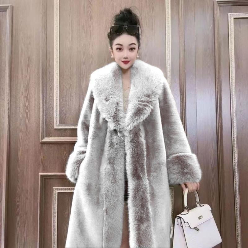 Fur Collar Lace-up Imitation Cashmere Jacket Women's Autumn and Winter High-end Mid-length Thickened Jacket Coat
