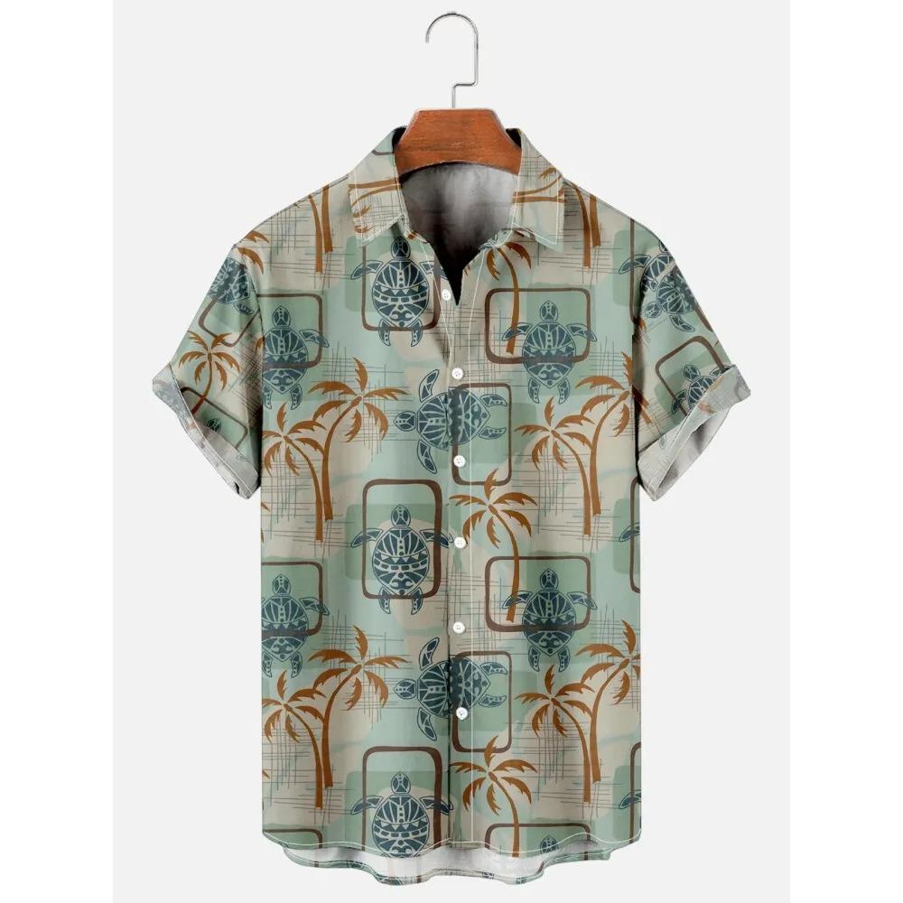 Camicia da uomo hawaiana a maniche corte con stampa, top alla moda con colletto, albero di cocco da spiaggia, nuova per il 2026 per uomo, abbigliamento floreale