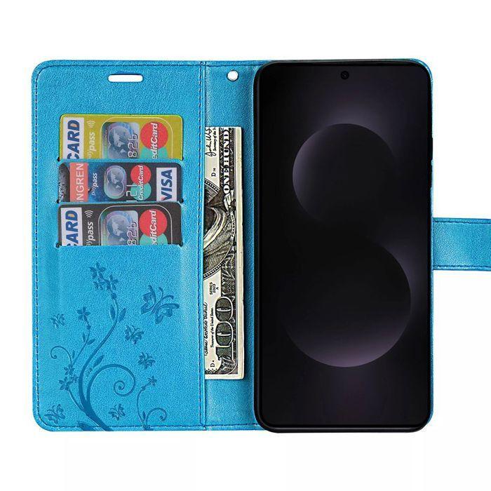 Protective Case - BOOLING - for Samsung Galaxy S25 Edge - Blue Leather Effect Butterfly Pattern - 2 Tempered Glasses