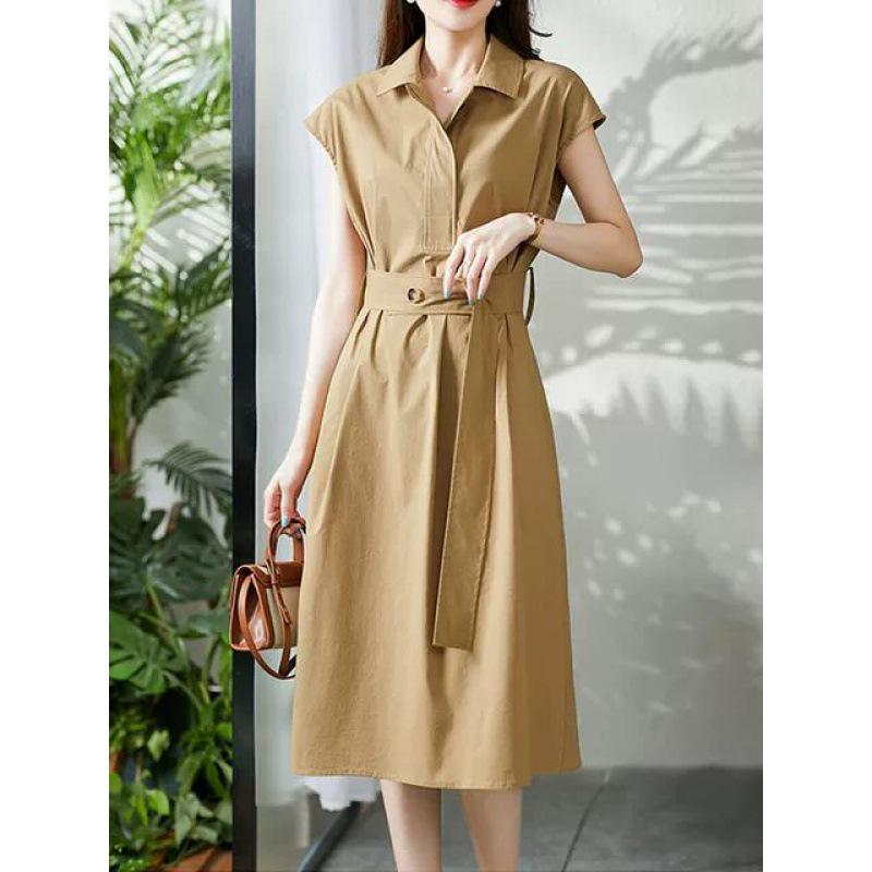 2025 Summer Plus Size Women's Solid Color Waist-Slimming Shirt Dress - Mid-Length, Loose, Casual, and Elegant