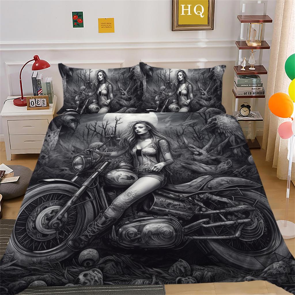 3D Dark Beauty Motorcycle Printed Bedding Set Beauty Skull Head Duvet Cover 2/3 Pieces AU180 * 210 Super Big Bed Room Quick Drying Home Decoration