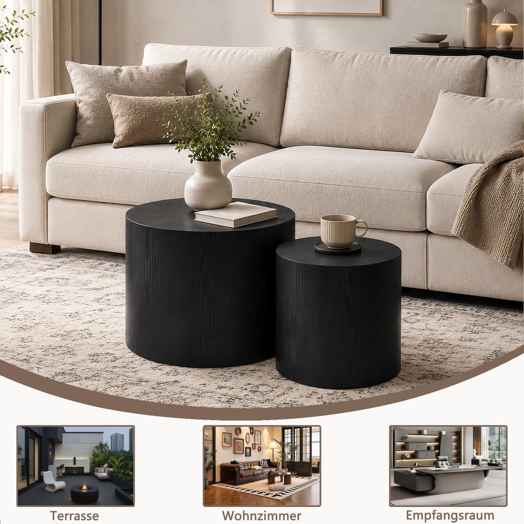 Two-Piece Set, Round Table with Non-Slip Feet, Wooden Side Table for Living Room, Bedroom, Office, Balcony, Terrace, No Assembly Required, Black