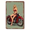 Vintage Metallblechschild Retro Rotes Motorrad Blonde Frau Wandkunst Rustikale Heimdeko Langlebige Metallwanddekoration für Livi