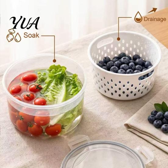 Vegetable Draining Basket Round Fruit Storage Container, 2-Layer Food-Grade PP Crisper with Freezer Safe Food Container Drain Basket,