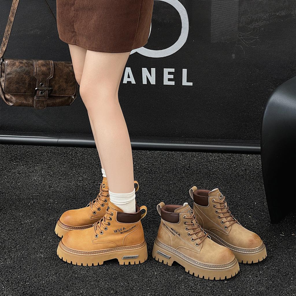 European leather thick-soled heightening rhubarb boots Martin boots women's autumn new British style short boots locomotive boots