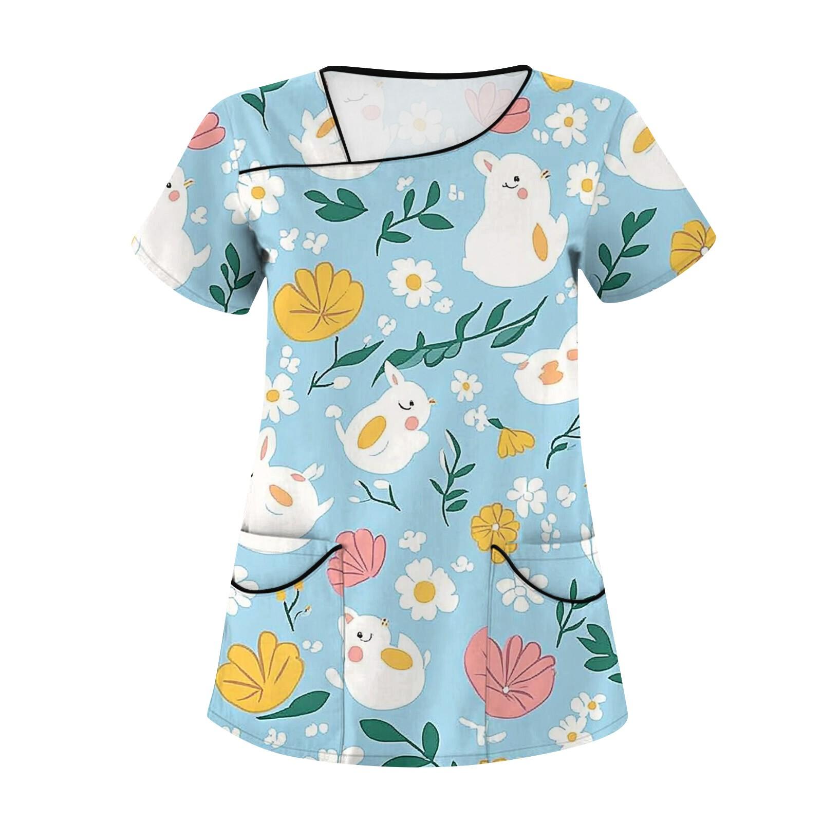 

Жіночий повсякденний верх робочого одягу з коротким рукавом і косим коміром із принтом і подвійними кишенями S