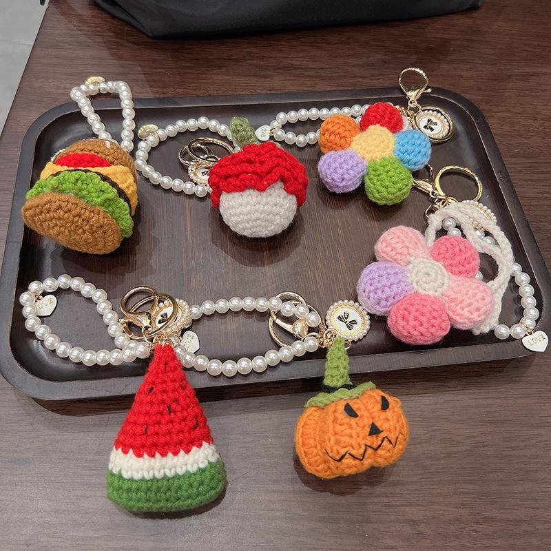 Handmade Crochet Flower Keychain Set, Colorful Knit Flower Bag Charm with Pearl Strap,Crochet Flower Keychain, Pearl Strap Charm