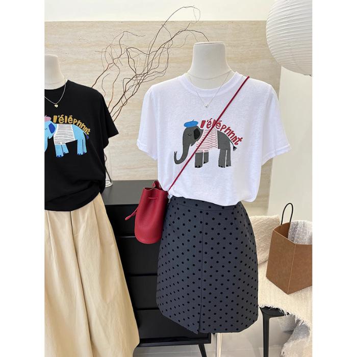 

Pure cotton Korean color elephant printing short-sleeved T-shirt women s 2025 summer new foreign style versatile bottoming shirt S